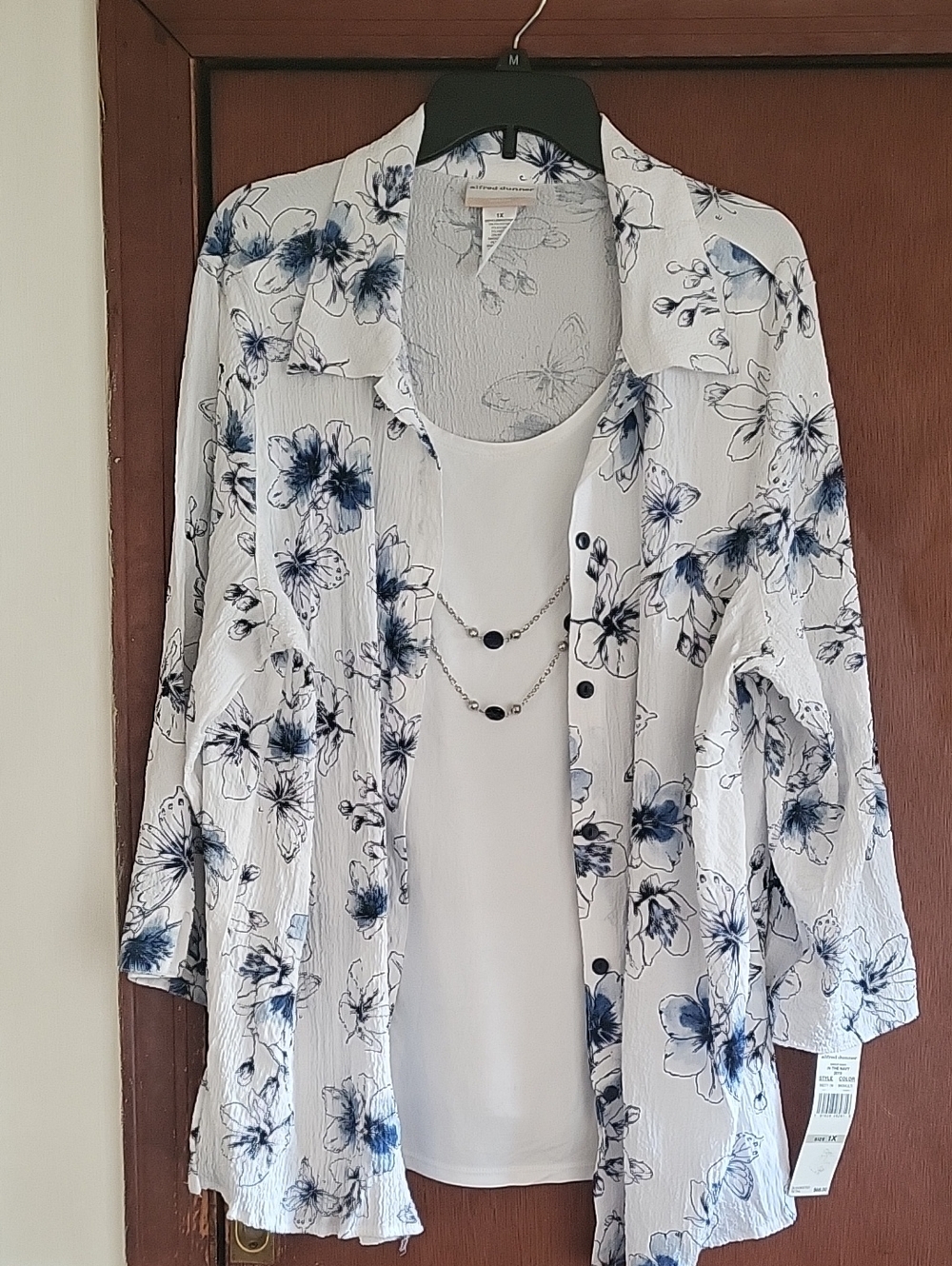 Alfred Dunner White & Navy Floral Layered Button-Down Top